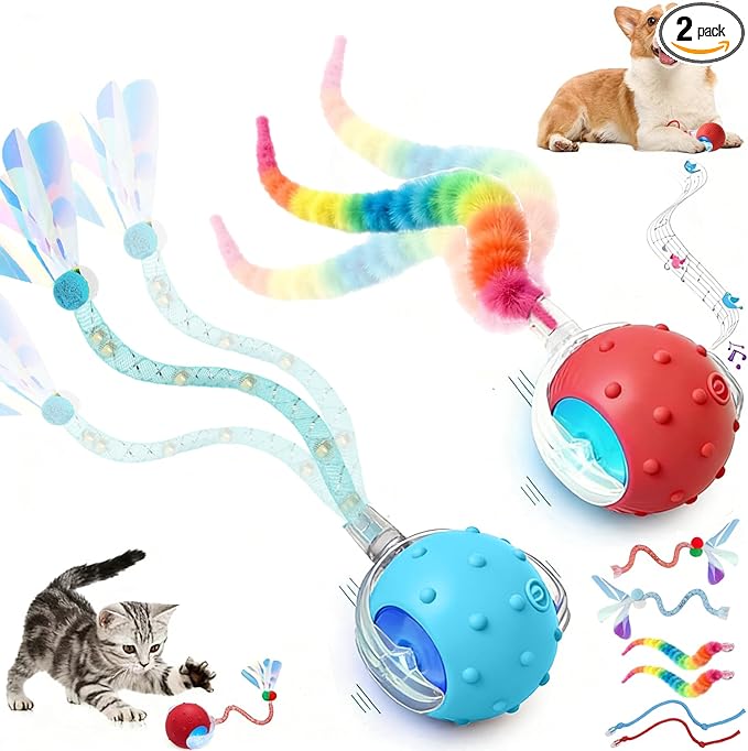 2PCS Interactive Cat Toys for Indoor Cats with 6 Tails, Automatic Cat Toy Fast Rolling on Carpet/ Wooden Floor/ Tiles, Rechargeable Kitten Toys for Small/ Medium/ Large Cats to Enrichment Exercise