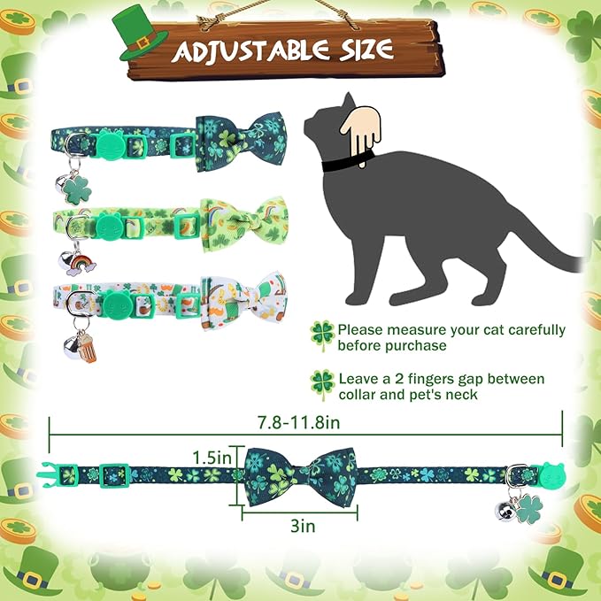 PUPTECK Cat Collar Breakaway with Bells, Kitten Collar Outfit Adjustable for Girl Boy Small Pet Puppy Bunny, Cute Costume Accessory with Safety Release Buckle (Bowtie-St. Patrick Day)