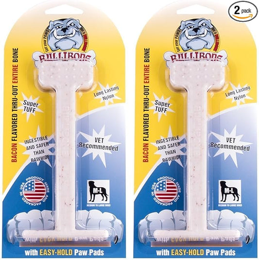 Bullibone Nylon Dog Chew Toy for Aggressive Chewers - Dental Hygiene Bone with Bacon Flavor, Durable Tough Chew Toys for Large Dogs, Indestructible Dog Bone - 2 Pack