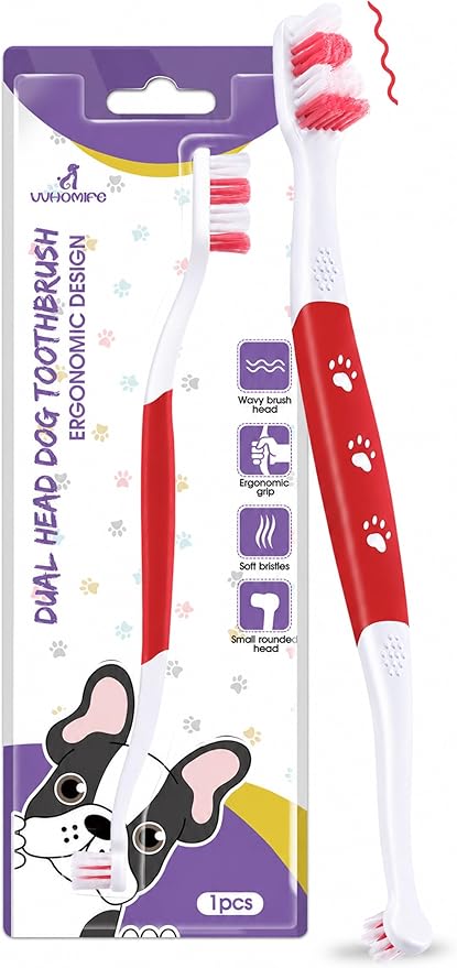 Dog Toothbrush – Newly Upgraded Dual-Head Design with 60° Wavy Bristles – Gently Surrounds Teeth for Deep Cleaning and Plaque Removal – Non-Slip Handle, Ideal for Daily Pet Dental Care (Red, 1-Pack)