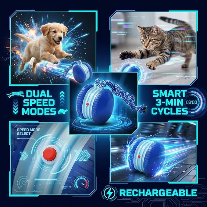 Interactive Cat Dog Toy Funny Automatic Moving Rolling Dog Toys with Rope for Small Medium Large Dogs Cats Rechargeable Puppy Toys Pet Ball to Keep Them Busy (Blue)