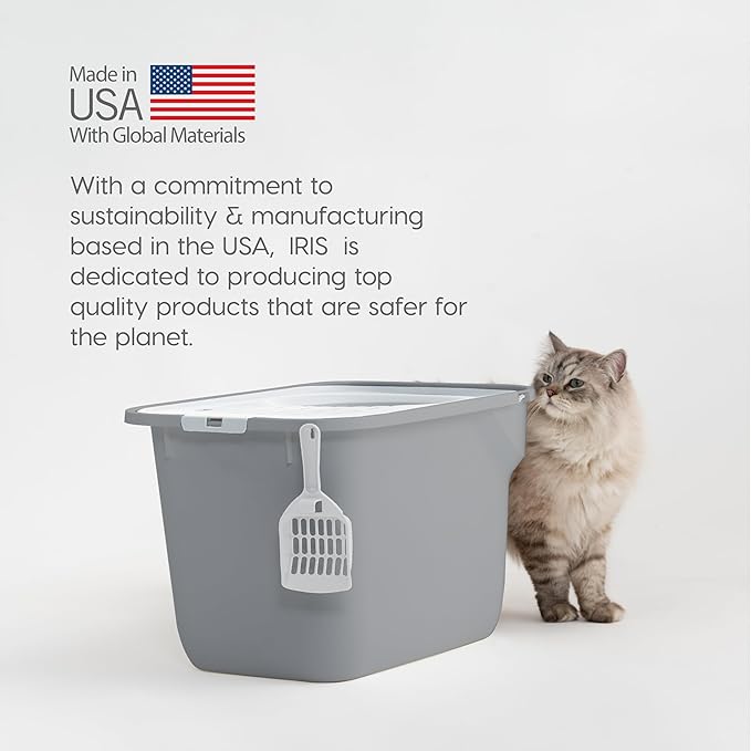 IRIS USA Cat Litter Box Large Top Entry with Lid, Enclosed Litter Box with Litter Catching Lid & Scoop, Covered Cat Litter Box Enclosure for Privacy, High Sided, Gray/White