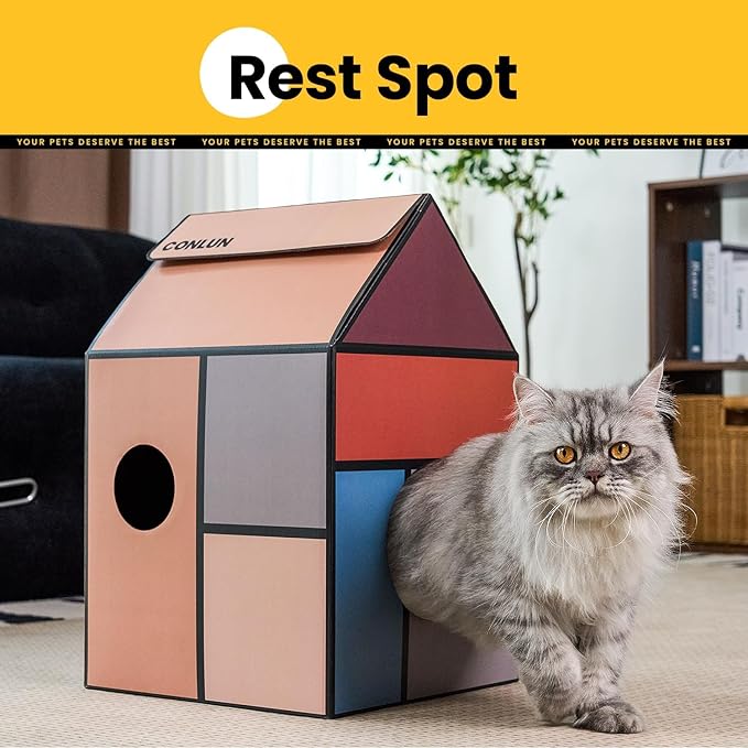 Conlun Cardboard Cat House with Scratch Pad & Catnip, Cat Play Scratching House for Indoor Hideaway Furniture, Heavy Duty Sturdy Cardboard Scratcher, Easy to Assemble Birthday Gift, Medium