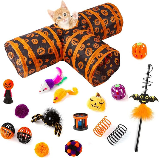 17 Pcs Halloween Cat Toys for Indoor Cats Collapsible 3 Way Cat Tunnel Interactive Feather Teaser Wand Ball Toy for Kitten Cats (17pcs-3 Way)
