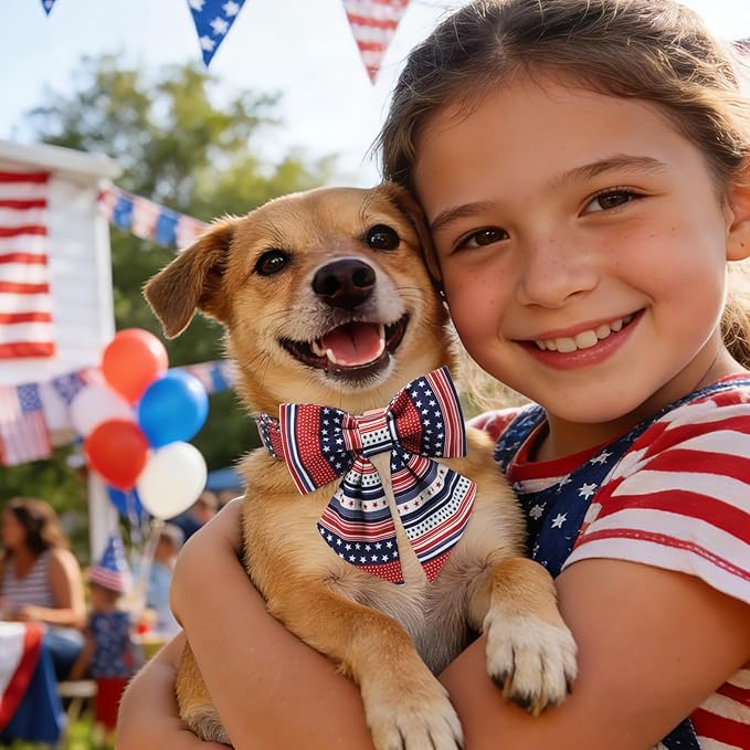 American Flag 4 of July Dog Bow Collar, Independence Day Adjustable Patriotic Dog Collar with Sailor Bowtie for Small Dogs,S