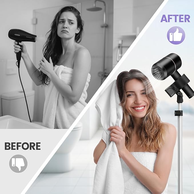 Adjustable Hair Dryer Stand, 29-59 Inch Hair Dryer Holder with Tripod and Universal Clip, 360-Degree Rotating Blow Dryer Stand for Bathroom, Vanity, Makeup Roo, black