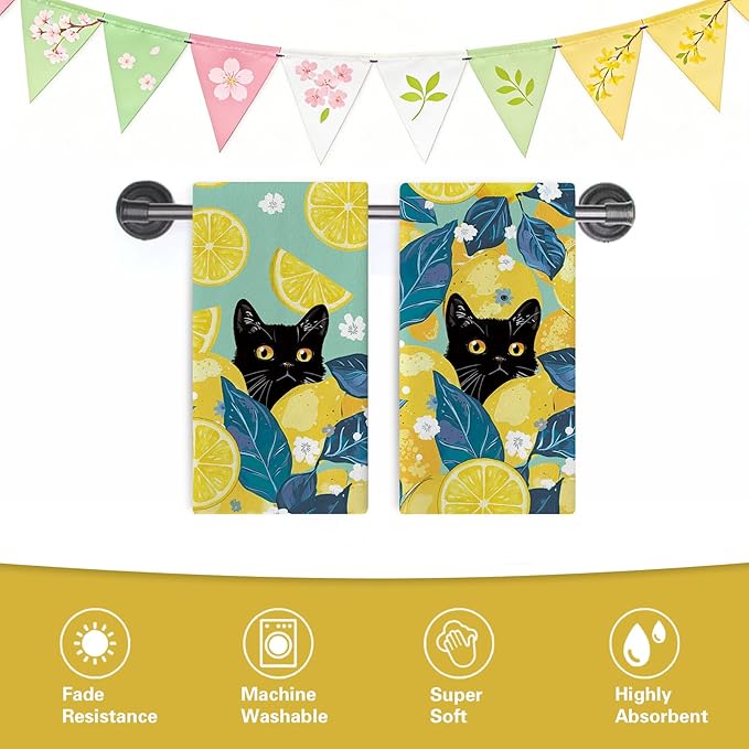 Black Cat Lemon Kitchen Dish Towels Set of 2, Spring Summer Citrus Fruit Drying Hand Towel Baking Cooking Cloth Pet Owner Lover Gifts, Floral Farmhouse Bathroom Home Decoration 18'' x 26''