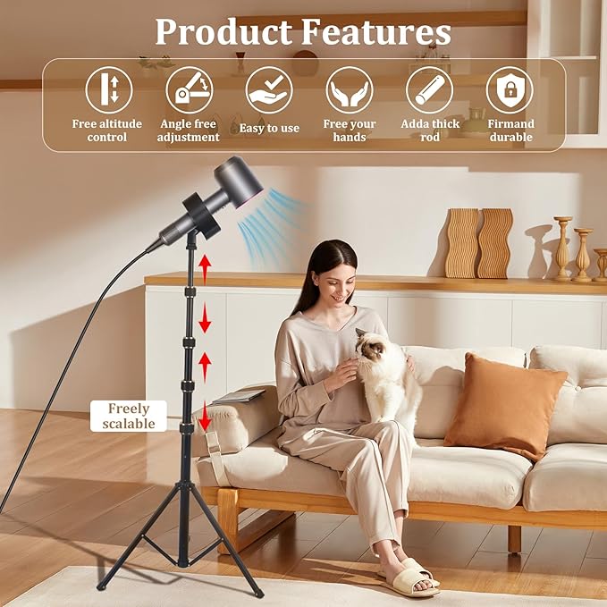 Hands Free Hair Dryer Stand with Tripod, 26-76 Inch Adjustable Height, 180° Rotating Universal Clip, Foldable Metal Blow Dryer Holder for Bathroom Vanity Makeup Room Home Styling & Pet Grooming, Fits Most Hair Dryers