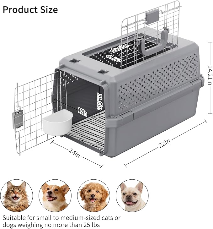 RIZZARI Portable Cat & Dog Carrier for Medium Pets:Hard-Sided Pet Travel Carrier with Ventilation - Secure Metal Door and Carry Handle for Travel - Vet Visits & Car Rides (Gray, Medium)