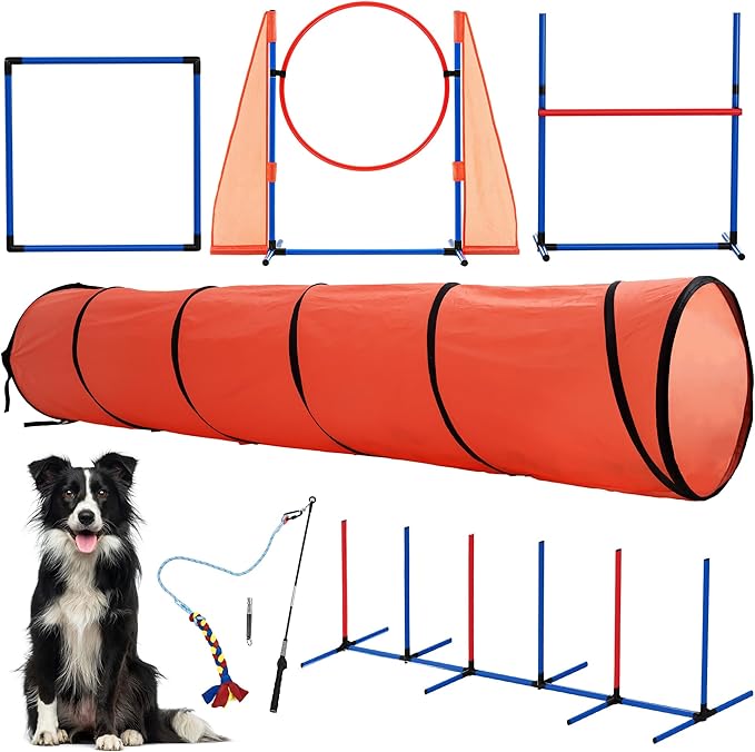 YITAHOME Dog Agility Equipments: Includes Flirt Pole, Agility Tunnel, 3 Jumps, 6 Weave Poles, Pause Box, Agility Course Set for Backyard, Indoor, Outdoor