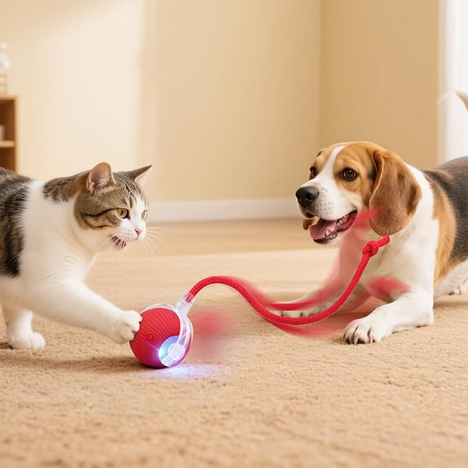 Smart Interactive Automatic Electric Rolling Moving Rechargeable Motion Activated Self Solo Play Electronic Stimulation Chase Teaser Ball Toy with Rope for Indoor Bored Adult Cat and Dog, Pink