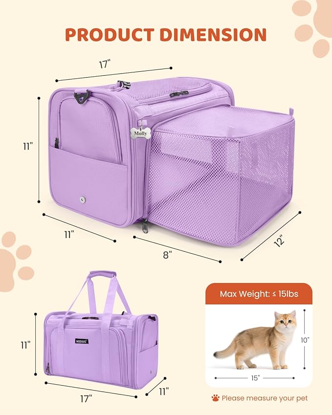 MIDOG Cat Carrier Soft for Small to Medium-Sized Cats,Up to 15 Lbs, TSA Airline Approved Soft Sided Pet Carrier,Collapsible Travel Cat Carry Bag(Grey)