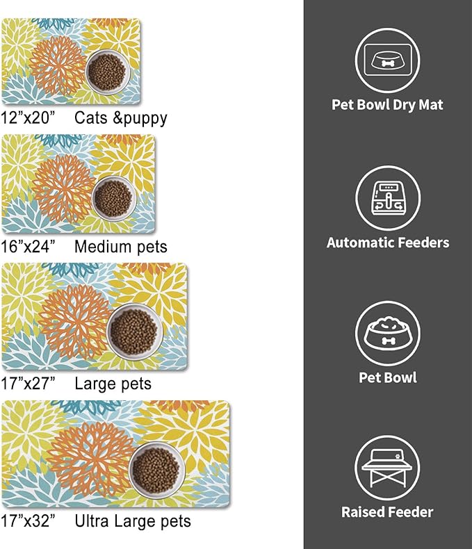 Dog Food Mats for Floors, Absorbent and Quick-Drying Pet Cat Food Mat,Anti-Fouling and Easy-to-Clean Pet Feeding Mat,Dog Bowl Mat for Messy Drinking Water Bowls.16x24, Bohemia Dahlia Floral Style