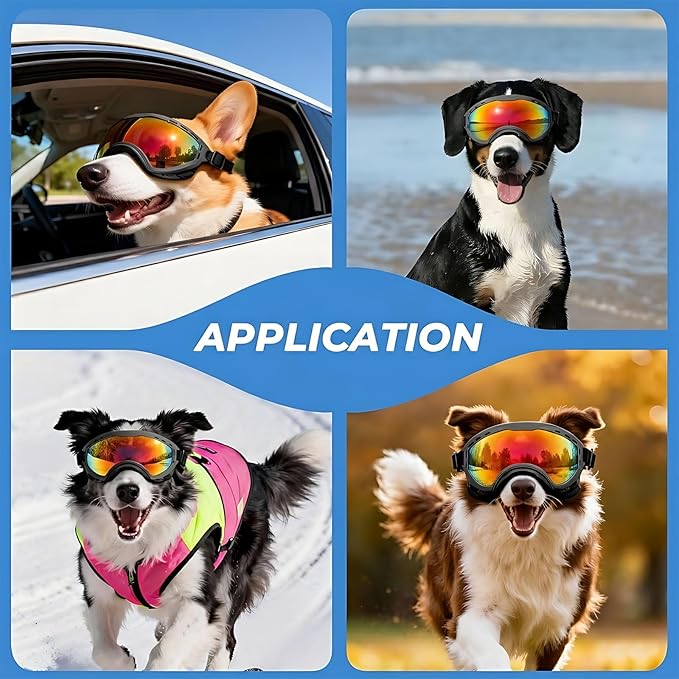 Dog Goggles for Medium to Large Breeds, UV Protection Dog Sunglasses with Colored PC Lens, Soft TPU Frame and Adjustable Straps, Windproof Dustproof Anti-Fog Pet Eyewear for Outdoor Activities (Black)