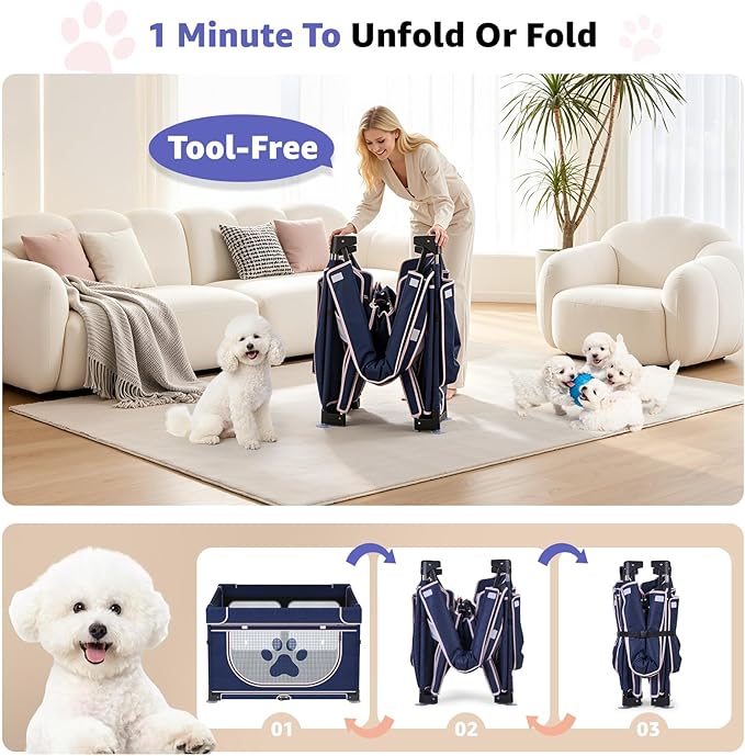 LOOBANI Foldable Whelping Box for Dogs and Puppies: 1 Min Setup Pet Puppy Playpen Indoor with Cover & Waterproof Bottom, Portable Birthing Box for Dog Cat Duck-43.3"x43.3"x27.1"│Patented (Blue+Pink)