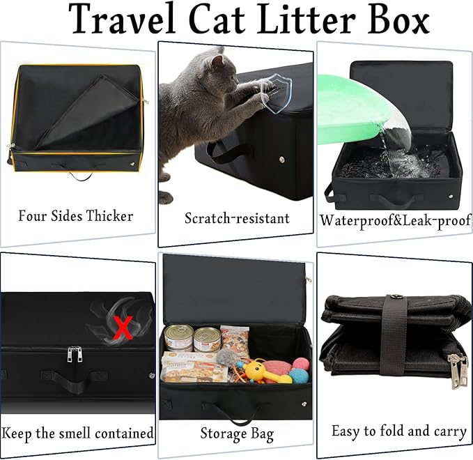 Portable Cat Litter Box, Foldable Cat Travel Litter Box with Zipped Lid and Free Litter Scoop, Bag, Roller,No Smell, Waterproof, Leak-Proof, Easy to Use in Hotels and Other Outdoor Use(Black)