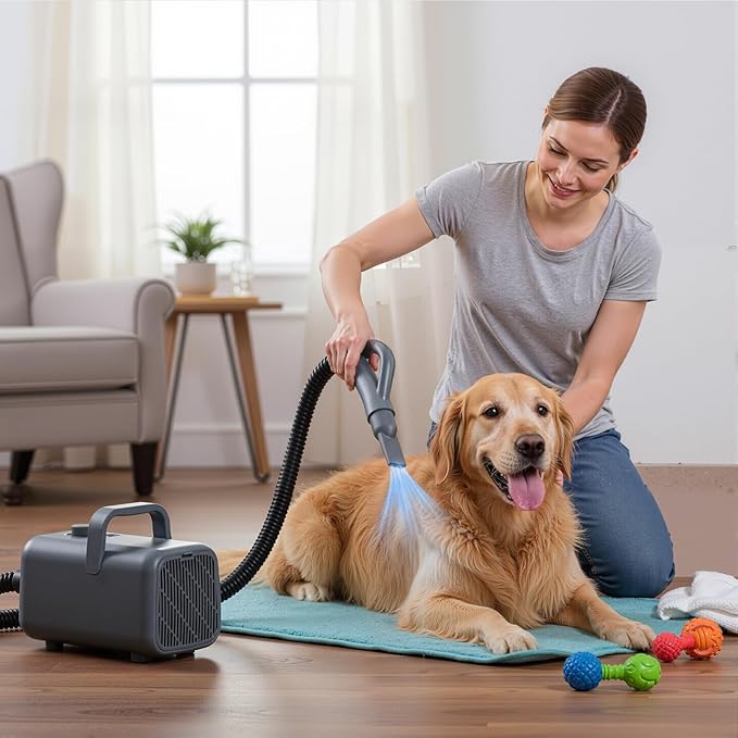 DUMOS Pet Blow Dryer Grooming Vacuum Kit, Dog Low Noise Hair Dryer with Adjustable Wind Speed & Heater Temperature, Cool-Warm-Hot Cycle Mode, 4 Nozzles, 6.5 FT Cord, Grey