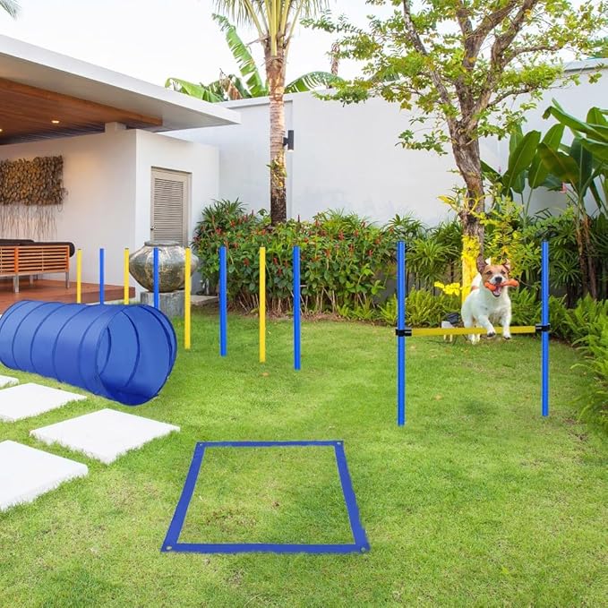 anwickjeff 4PC Dog Agility Training Equipment with Jump Hurdle, Tunnel, Pause Box, Weave Poles and Carrying Bag, Obstacle Course for Dogs Backyard Competitive (Yellow + Blue, 4 Piece)