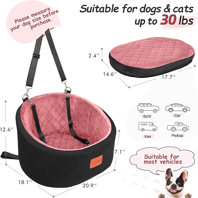 Lealchum Dog Car Seat for Small Dogs Up to 30 Lbs,Ultra Soft Fabric Fill in Comfy Memory Foam,Happy Pet Ride,2 Safety Dog Leashes,Fully Detachable and Washable,Anti Slip Base (Black/Pink, Small)