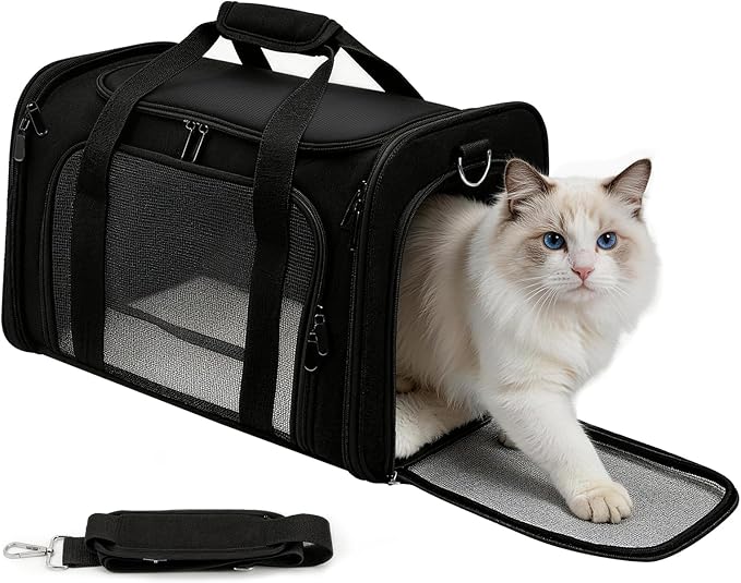 Cat Carrier Soft, Dog Carriers for Small Dogs/Large Cats (Up to 16lbs), with High Breathability, Shoulder Strap, Removable Pad, Pet Carrier Airline Approved, for Home Outdoor Travel (Black)