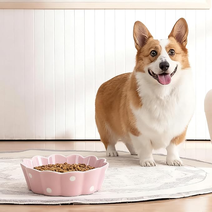 Ceramic Cat Bowl, Scalloped Edge with White Polka Dots – Pet Feeding Dish with Anti-Slip Base for Cats and Small Dogs, Pink