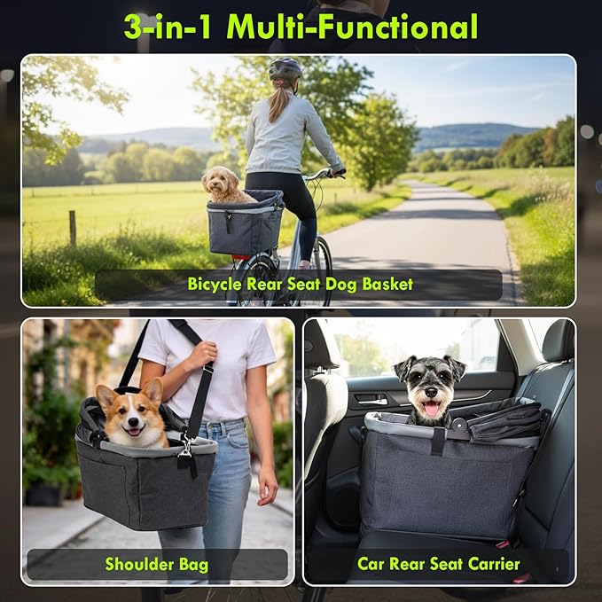 Foldable Dog Rear Bike Basket Supports Up to 22 lbs with Metal Frame, PE Support Plate, Quick-Install Mount for 3.54-4.72 inch Diameter Tubes, Mesh Window, Soft Cushion & Reflective Strips