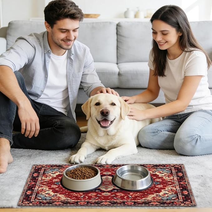 Pet Mats for Food and Water, Persia Red Dog Food Mat for Floors, Non Slip Indoor Quick Dry Cat Bowl Feeding Mats (11.8” X19.7”)