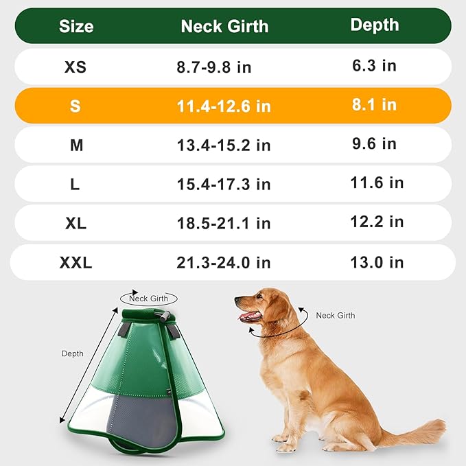 WinWeal Soft Dog Cone for Large Medium Dogs After Surgery – Adjustable Transparent Recovery Collar, Breathable Elizabethan E-Collar for Wound Healing & Anti-Licking (S, Dark Green)