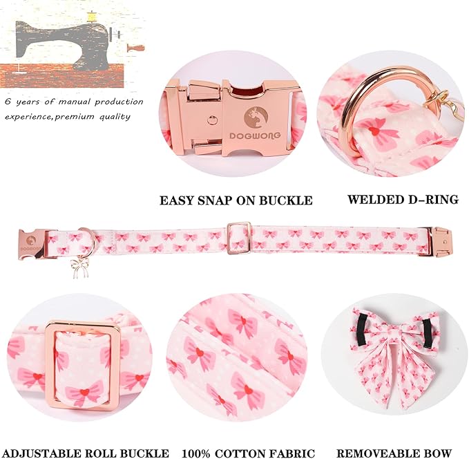 DOGWONG Valentine Dog Collar with Bow, Metal Buckle Adjustable Pink Bowtie Cute Girl Dogs Collars Pet Valentine Collars for Large Dogs, L