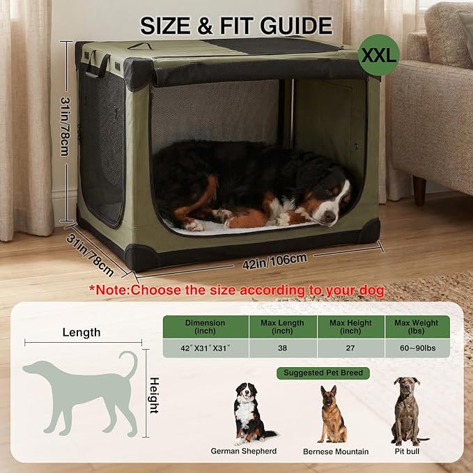 Veraste 42" L x 31" W x 31" H Collapsible Travel Dog Crate, Quick-Setup Portable Soft Dog Kennel for Large Dogs up to 90 lbs, 4-Door Foldable Travel Crate with Storage Bag, Green
