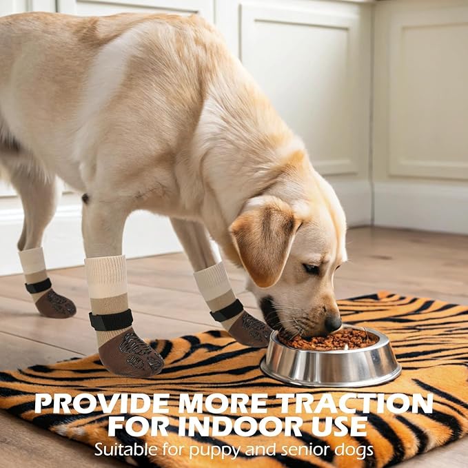 EXPAWLORER Anti Slip Dog Socks to Prevent Licking Paws, Dog Shoes for Hot Pavement, Dog Booties for Hardwood Floors, Dog Boots & Paw Protectors with Grippers for Small Medium Large Senior Dogs Khaki L