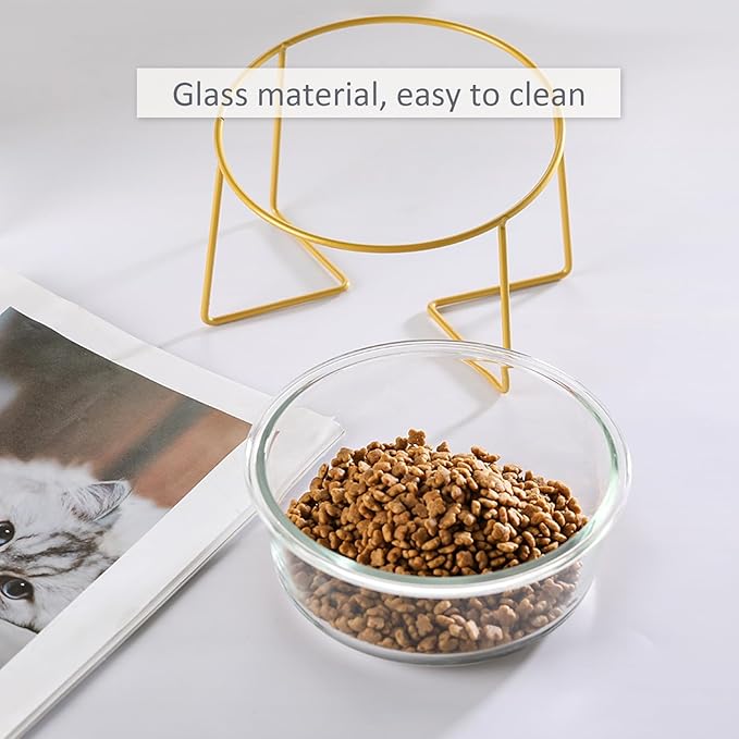 Large Glass Tilted Elevated Cat Dog Bowl Raised Cat Food Water Bowl Dish Pet Comfort Feeding Bowls with Gold Iron Stand