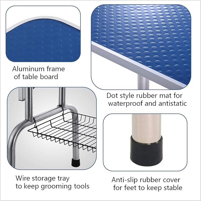 Pet Dog Grooming Table, Adjustable Large Heavy Duty Professional Foldable Trimming Stage with Arms, Noose, Mesh Tray, Maximum Capacity Up to 330LBS, 36''/Blue