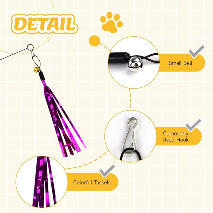 Andiker 7Pcs Cat Wand Toy, Cat Toy Set with 1 Long Steel Wand, 1 Double Headed Hook & 5 Crinkle Teaser Refills Stimulate Hunting Instincts Interactive Cat Toys for Indoor Cats and Kittens (Thick)