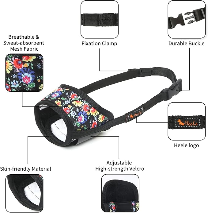 HEELE Dog Muzzle,Soft Nylon Muzzle Anti Biting Barking Chewing,Air Mesh Breathable Drinkable Adjustable Loop Pets Muzzle for Small Medium Large Dogs 4 Colors 4 Sizes (P-Black Sunflower, S)