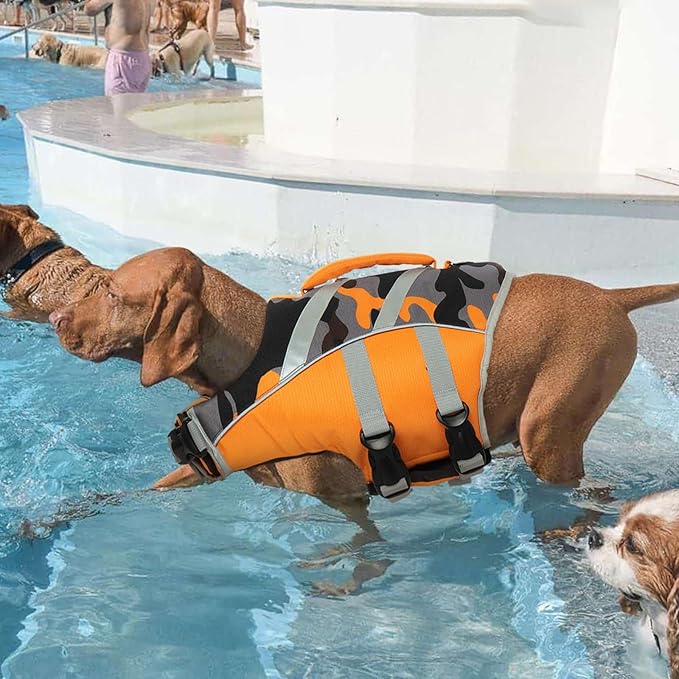 Kuoser Dog Life Jacket with Reflective Stripes, Dog Life Vest for Swimming Boating, Adjustable Pet Lifejackets with High Flotation, Doggie Swimsuit for Small Medium Large Dogs