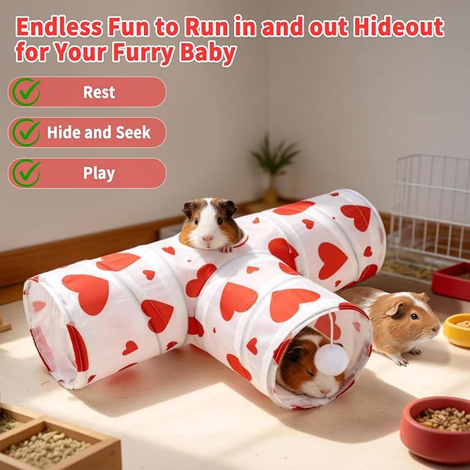 Rypet 3-Way Guinea Pig Tunnel, Collapsible Small Animal Enrichment Toy with Ball, Foldable Rabbit & Hamster Tunnel for Boredom Relief, Washable, Indoor/Outdoor Play