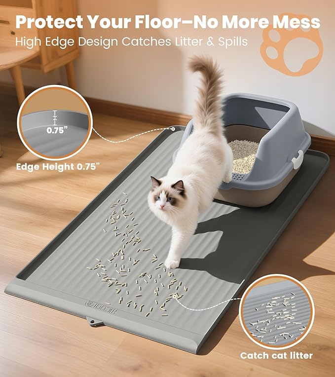 Cat Litter Mat for Litter Box, Waterproof Litter Trapping Mat with Raised Edge, Stops Litter Tracking & Protects Floors, Easy to Clean Cat Mat, 36x24 Inch, Grey