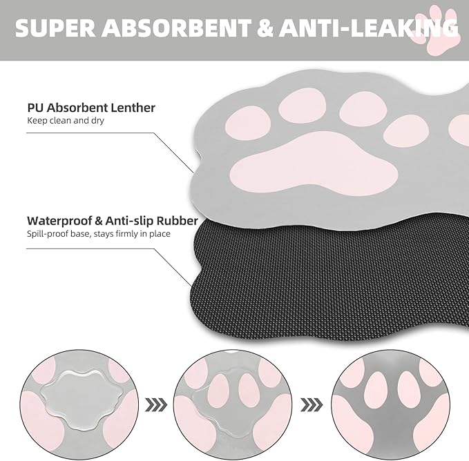 PUPTECK Dog Food Mat, Quick Absorbent Pet Cat Feeding Mat, Anti-Slip Dog Placemat for Food and Water Bowls with Rubber Backing, No Stains Floors Waterproof Indoor, LightGrey & Pink 16"x24"