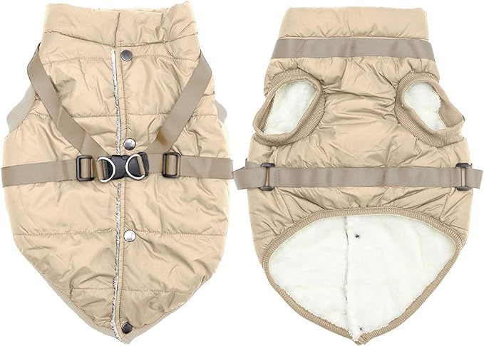JoyDaog Dog Jacket with Harness,Fleece Lined Warm Puppy Coat for Winter,Soft Windproof Large Dog Vest,Khaki XXL