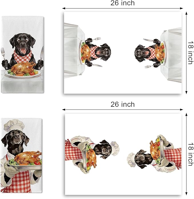 Funny Chef Black Labrador Dog Kitchen Dish Towels Set of 2, Roast Turkey Drying Hand Towel Baking Cooking Cloth, Thanksgiving Bathroom Home Decoration Pet Dog Owner Lover Gifts 18'' x 26''