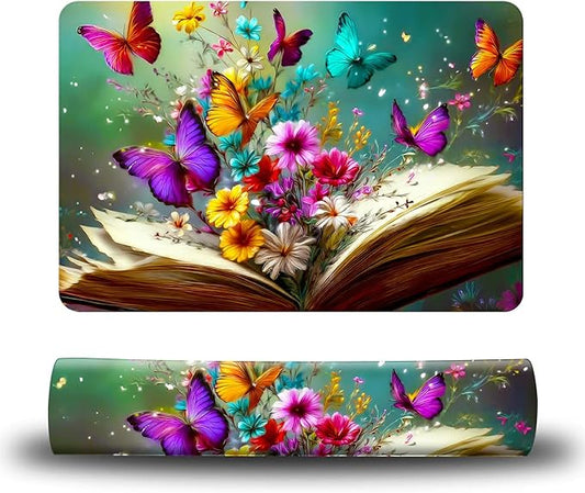 Dog Food Mat, 15.7" x 23.6" Absorbent Pet Feeding Mat for Food and Water, Waterproof Diatom Mud Pet Placemat with Non-Slip Rubber Backing, Cat Bowl Mat for Floors - Books Flowers Butterflies