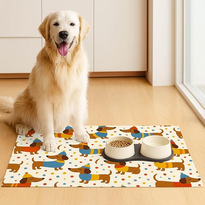 HOMETITUTE Adorable Dachshund Puppy Pet Food Mat with Colorful Polka Dot Pattern Pet Bowl Mat for Dogs and Cats Non Slip Feeding Mats Easy Clean Fast Dry Cat and Dog Feedings Mats 20" x 12"