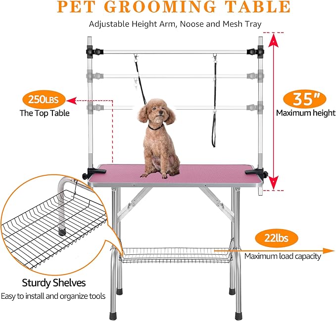Professional Dog Pet Grooming Table Adjustable Heavy Duty Portable w/Arm & Noose & Mesh Tray (Pink, 42")