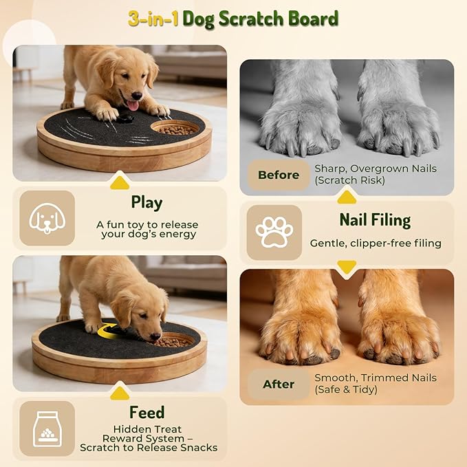 Dog Nail Scratch Board with Treat Box - Anti-Slip Rotating Dog Paw Care File Toy, Wooden Dog Scratch Pad for Nails with Adjustable Tension, Stress-Free Grooming & Enrichment for All Dogs Sizes, Black