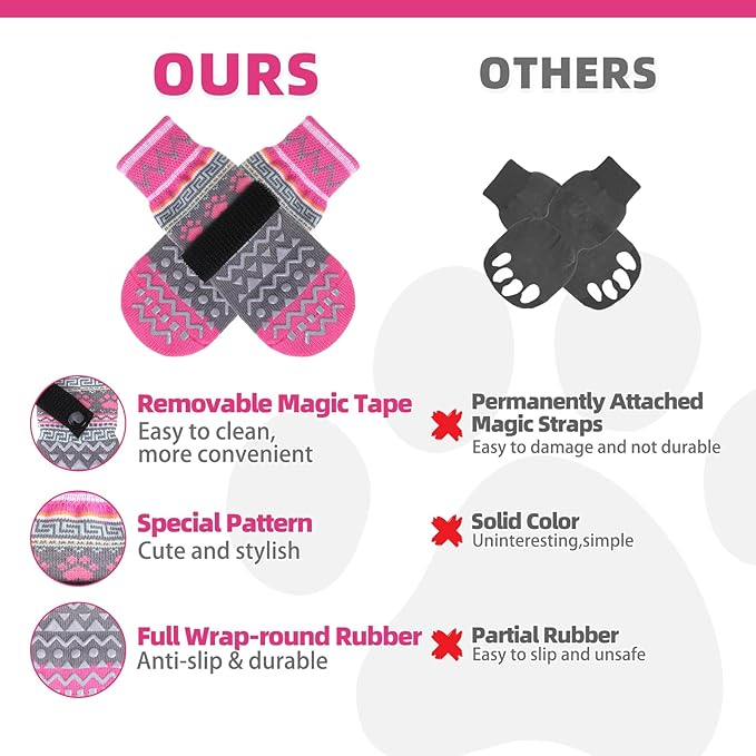 KOOLTAIL Dog Socks to Prevent Licking Paws for Hardwood Floors Anti Slip, Winter Warm Pet Boots&Paw Protector with Grippers, Double Sides Dog Shoes Booties for Small Medium Large Senior Dogs Pink XS