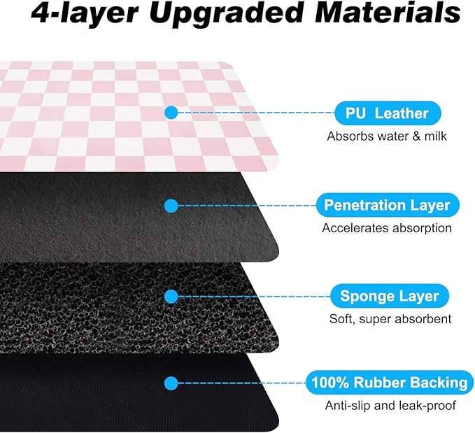 CooRug Checkered Dog Food Mat, Absorbent Leak-Proof Pet Feeding Mat, Quick Dry Cat Food Mat for Messy Drinkers 12" x 20" Pink
