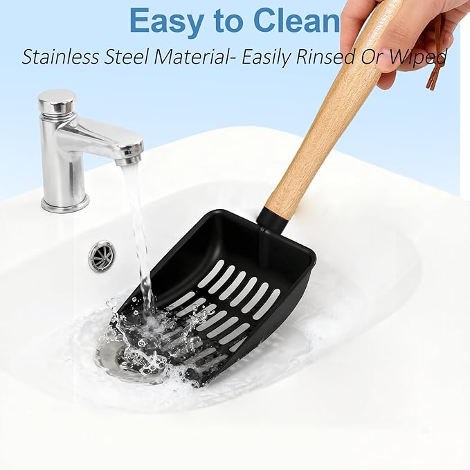Cat Litter Scoop, Metal Litter Scoop, Heavy Duty Metal Cat Scooper for Litter Box, Black Sifter Scoop for Pellets, Wooden Handle Scoop with Hole, Kitty Necessity (Cat Litter Scoop Long)