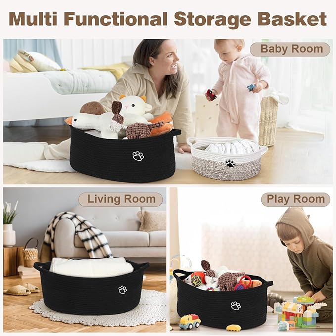 Optish Dog Toy Basket, Toy Storage Box and Bin with Handles, 19.7" X 11" X 7.9" (30L) Large Woven Rope Basket for Blankets, Living Room, Bedroom, Black