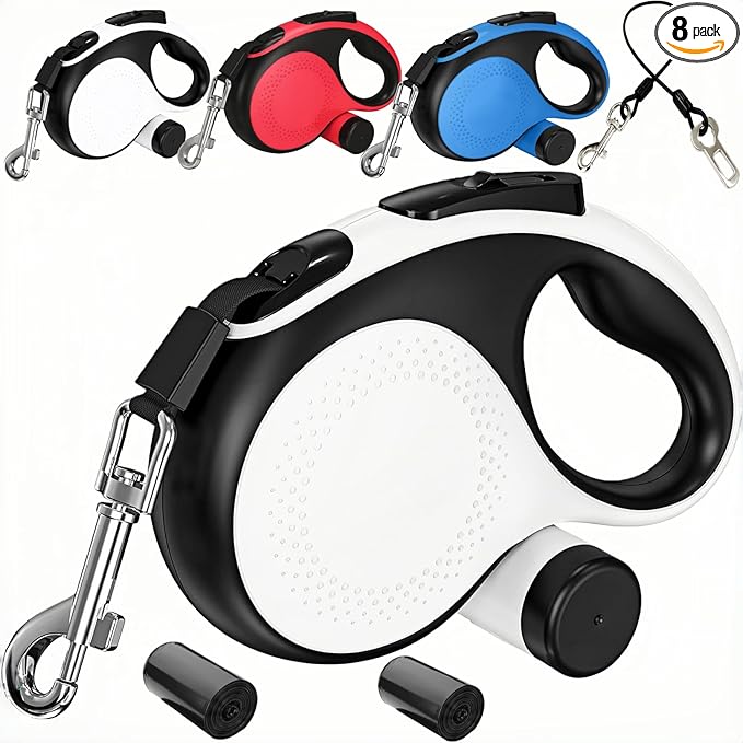 360° Tangle-Free Retractable Dog Leash with Chew Proof Extender | 26ft Upgraded Heavy Duty Retractable Dog Leash with Poop Bag Holder | One-Handed Brake, Pause, Lock (Extra Large, White)